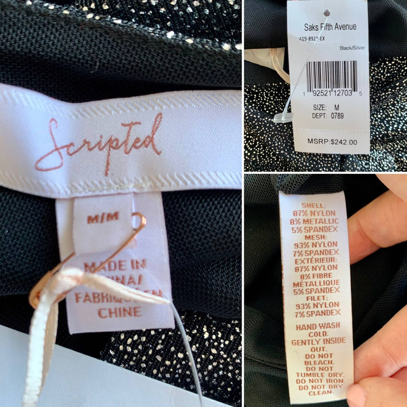 Scripted Metallic Bodysuit Long-Sleeve Black Silver Size Medium - Picture 10 of 11